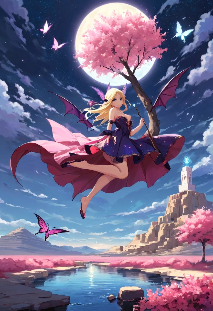 dark magician gils ((Best Quality)), ((Masterpiece)), (detailed), Blonde, smal boobs, smal boobs, seductive succubus, Ethereal Beauty, Perched on a pink flowering tree, (Fantasy Illustration: 1.3), charming look, captivating pose, dark magician gils girl alone, delicate butterfly wings, otherworldly charm, mystical sky, (Luis Royo:1.2), (Yoshitaka Amano:1.1), Moonlit morning, Soft colors, (nubes detaileds:1.3), (high resolution:1.2) ( dragon flying in the sky) dress, legs hanging over the pond, greek goddess, realist, realism, sexy body, Desert Landscape