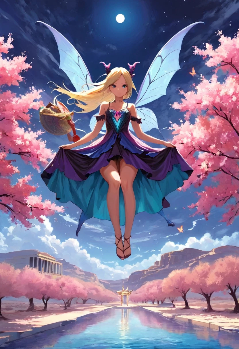 dark magician gils ((Best Quality)), ((Masterpiece)), (detailed), Blonde, smal boobs, smal boobs, seductive succubus, Ethereal Beauty, Perched on a pink flowering tree, (Fantasy Illustration: 1.3), charming look, captivating pose, dark magician gils girl alone, delicate butterfly wings, otherworldly charm, mystical sky, (Luis Royo:1.2), (Yoshitaka Amano:1.1), Moonlit morning, Soft colors, (nubes detaileds:1.3), (high resolution:1.2) ( dragon flying in the sky) dress, legs hanging over the pond, greek goddess, realist, realism, sexy body, Desert Landscape