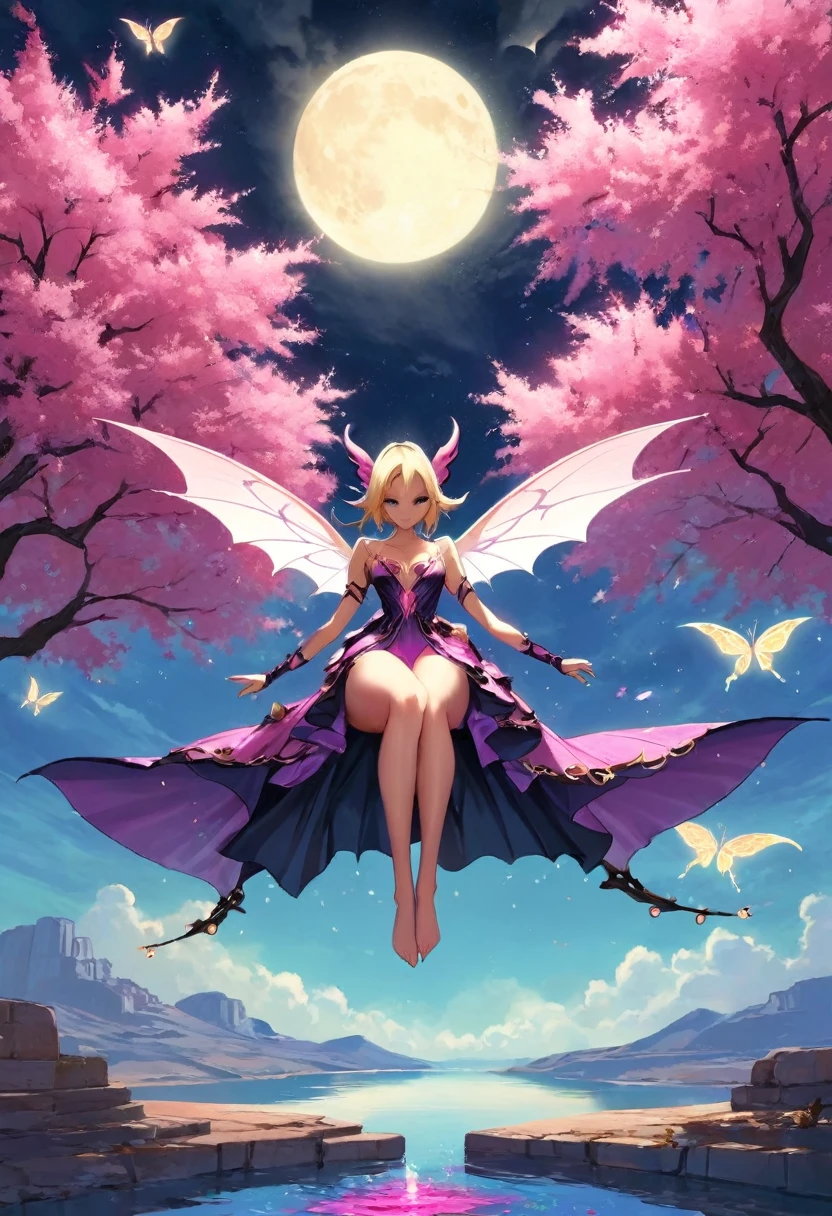 dark magician gils ((Best Quality)), ((Masterpiece)), (detailed), Blonde, smal boobs, smal boobs, seductive succubus, Ethereal Beauty, Perched on a pink flowering tree, (Fantasy Illustration: 1.3), charming look, captivating pose, dark magician gils girl alone, delicate butterfly wings, otherworldly charm, mystical sky, (Luis Royo:1.2), (Yoshitaka Amano:1.1), Moonlit morning, Soft colors, (nubes detaileds:1.3), (high resolution:1.2) ( dragon flying in the sky) dress, legs hanging over the pond, greek goddess, realist, realism, sexy body, Desert Landscape