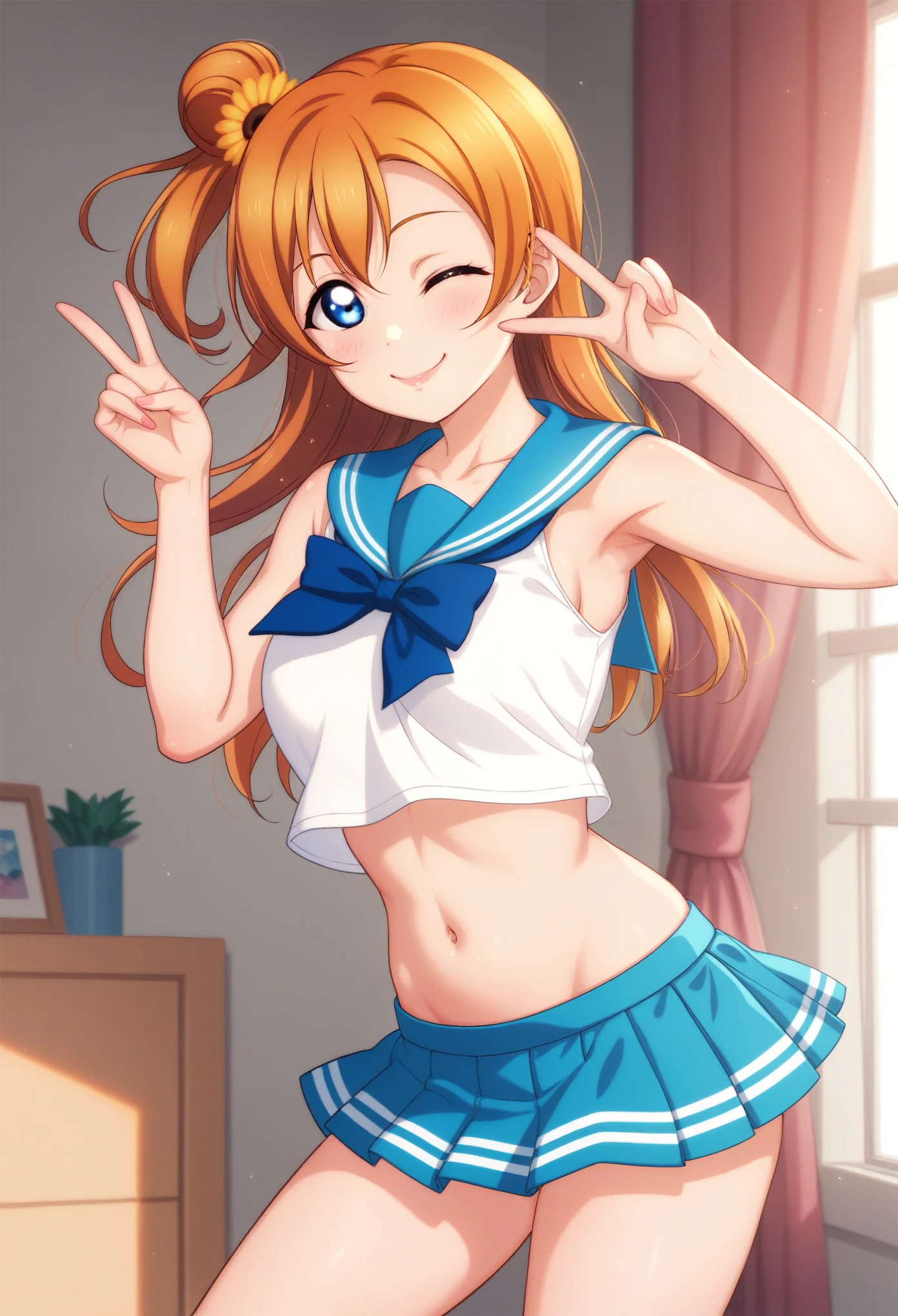 Honoka kousaka love live, cowboy shot, blue eyes, orange hair,hair flower, solo, sailor top, sleeveless, breasts, micro skirt, perfect eyes, Perfect iris，Perfect skin，Soft front light，indoors；（pastel colour:1.2),(lipstick:0.8) ,sexy pose,wink, standing,v legs 