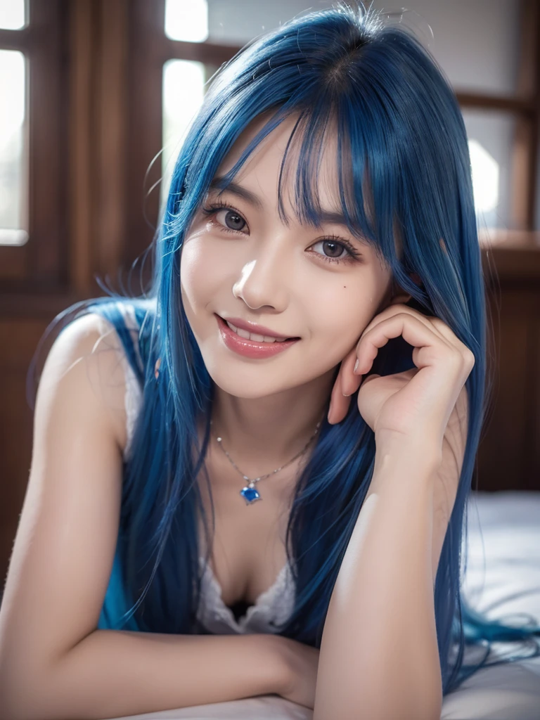 1girl, alone, solitary, high quality, (best quality,4k,8k,highres,masterpiece:1.2),ultra-detailed,(realistic,photorealistic,photo-realistic:1.37),gorgeous hair,sapphire hair,long straight hair with bangs,sharp eyes,mole under the eye,plump lips,jewelry,(high detailed skin:1.4),(rim lighting:1.3),(lit:1.3),(sunny day:1.3),portrait,beautiful lips,waist-length hair,seductive gaze,moles,casual clothes,colorful clothing,close up,super long hair,choker necklace,tattoos,tattooed,light eyes,bangs,fringe,20 year old,dimples on the cheeks,dimples,sapphire blue hair,bluehair,blue hair,bright royal blue hair,royal blue,sapphire hair,sapphire,beautiful smile,perfect teeth,straight teeth,perfect sized teeth,dazzling smile