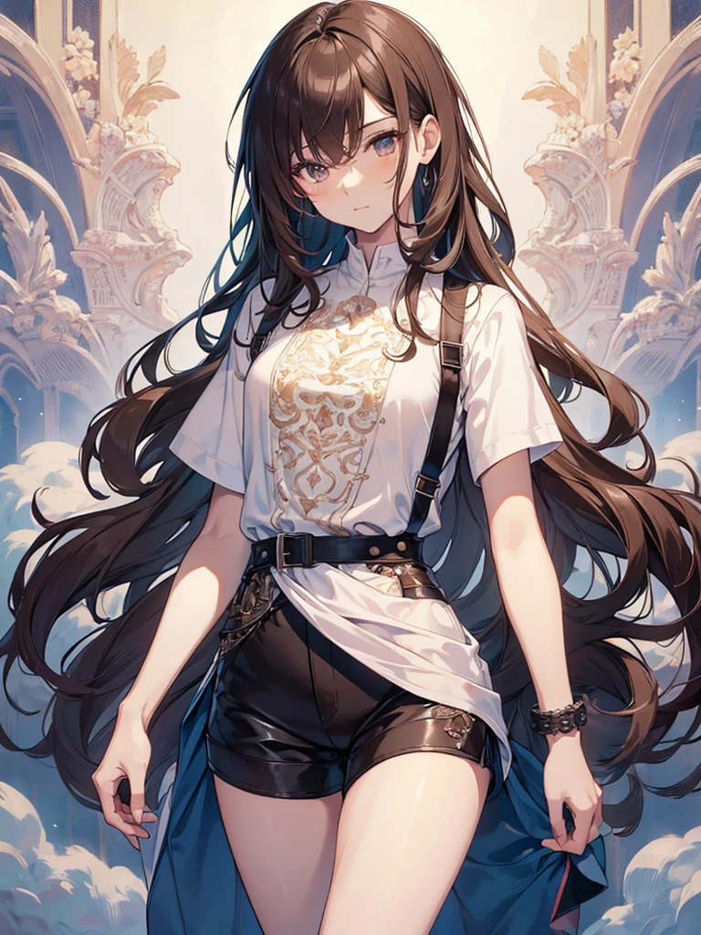 ((highest quality)),(ultra high resolution),(Super detailed),(detailed description),((best CG)),(best work of art),super precision art, great drawing art,(Art with precise details:1.5), (1 man: 1.5) cute looking young man, femboy, silky smooth back length brown hair, soft and cute facial features, slender dainty body, slim waist, small curves, small perky butt, silky smooth legs, very short height of 5ft 5,plain tee shirt and shorts, an overall cute femboy, simple European bedroom background