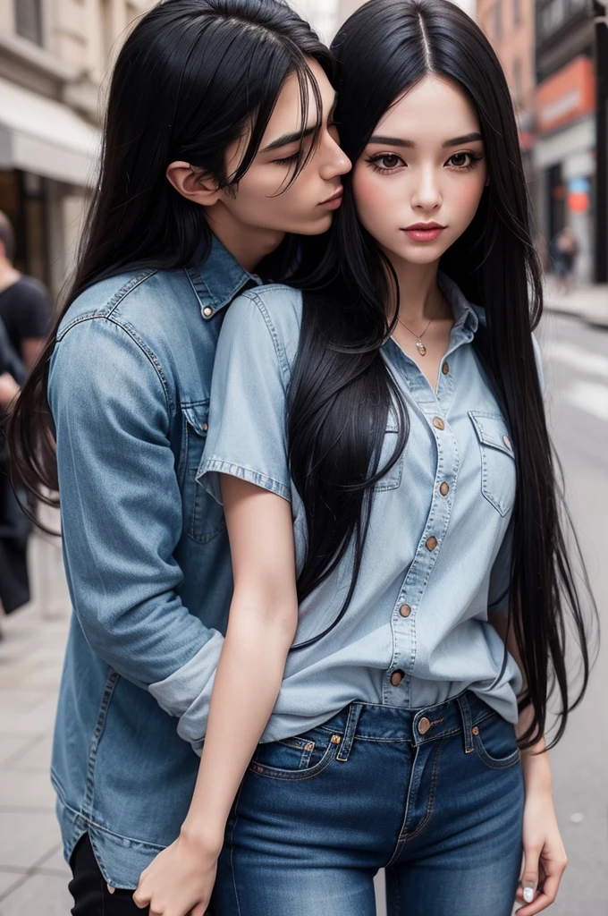 Create an image of a woman with long, black hair using black, black boot. Kissing a brunette boy with long hair, wearing a denim shirt, e black boot calca jeans
