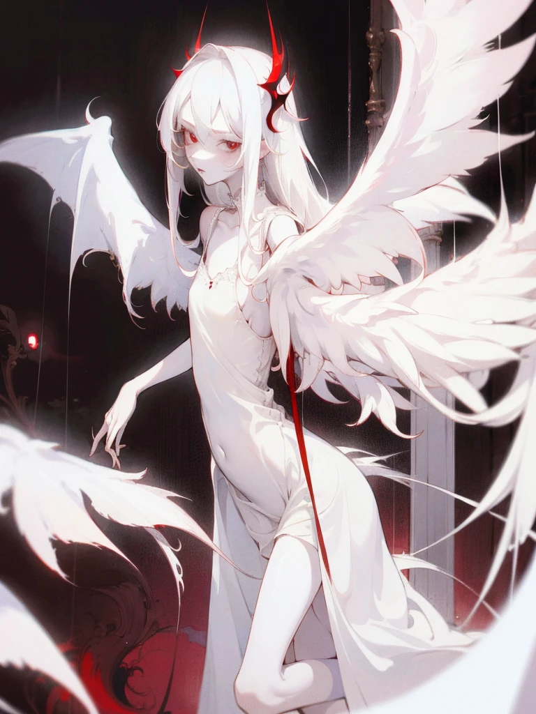 1girl, long white hair, red eyes, wearing white lace sling nightdress, white wings, bedroom, absurdres, high res, ultrasharp, 8K, masterpiece, looking at viewer, albino, pale