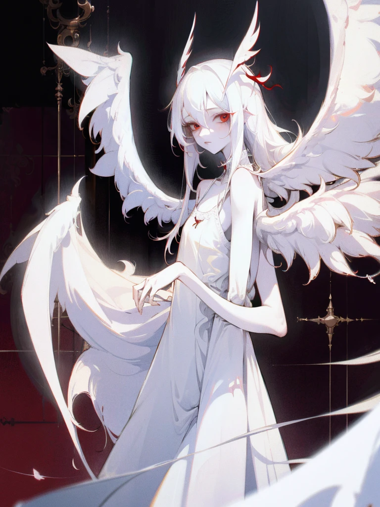 1girl, long white hair, red eyes, wearing white lace sling nightdress, white wings, bedroom, absurdres, high res, ultrasharp, 8K, masterpiece, looking at viewer, albino, pale
