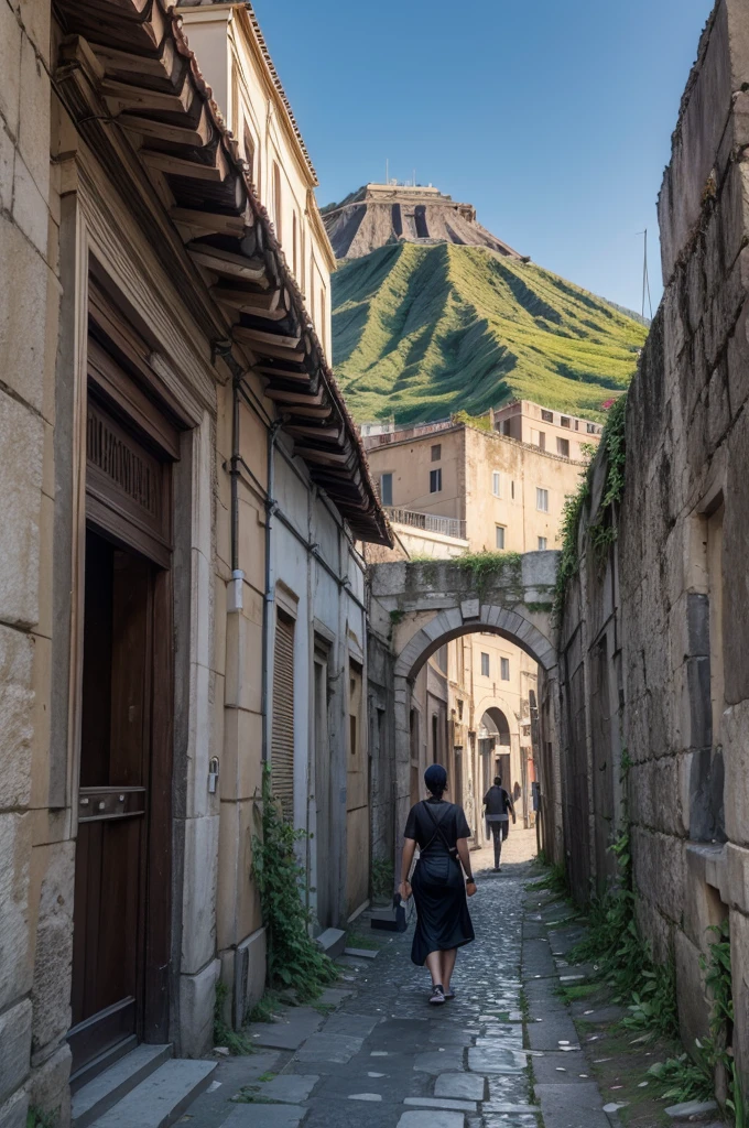 1womanl, 45 year old young man, semi-new, from ancient Rome, from the city of Pompeii, the versuvius volcano in the background, walking down the street, volumetric lighting, athletic, best qualityer, fot, details Intricate, tone mapping, sharp focus, hyper detailled, trends on artstation, gazing at viewer, realisitic