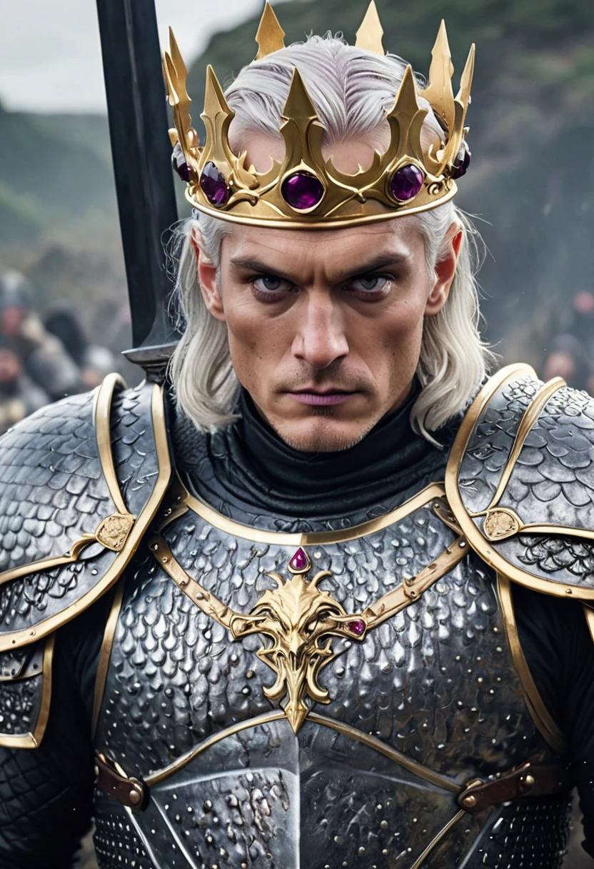 (masterpiece, 8K, UHD, high resolution: 1.4), imposing portrait of Aegon Targaryen, (tall, broad shouldered, powerful appearance: 1.3), (piercing purple eyes, short silver and gold hair: 1, 3), (wearing black scale armor into battle: 1.2), (wielding a black steel sword: 1.3), (wearing on his head a black steel crown with large square-cut rubies: 1.2 ), (battlefield landscape in the background: 1.1), (authoritative and charismatic atmosphere: 1.3), realistic and intricate details, (fantasy and history elements: 1.2), (heroic and enigmatic perspective : 1.3)