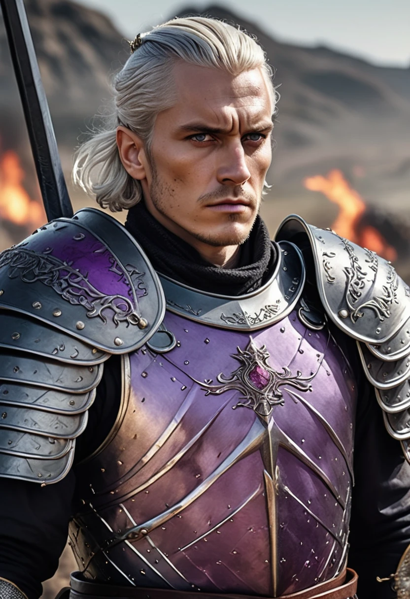 (masterpiece, 8K, UHD, high resolution: 1.4), imposing portrait of Aegon Targaryen, (tall, broad shouldered, powerful appearance: 1.3), (piercing purple eyes, short silver and gold hair: 1, 3), (wearing black scale armor into battle: 1.2), (wielding a black steel sword: 1.3), (wearing on his head a black steel crown with large square-cut rubies: 1.2 ), (battlefield landscape in the background: 1.1), (authoritative and charismatic atmosphere: 1.3), realistic and intricate details, (fantasy and history elements: 1.2), (heroic and enigmatic perspective : 1.3)