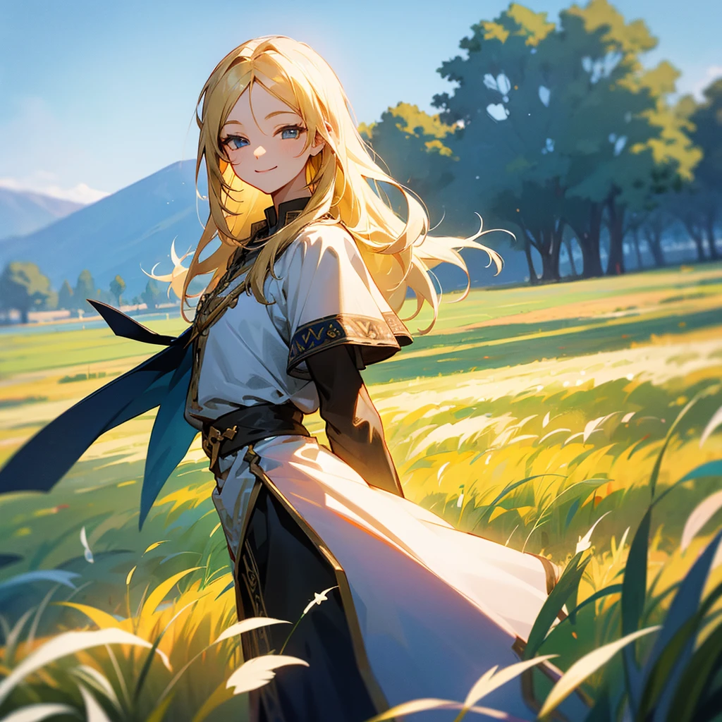 Zelda smiling, in the background a field
