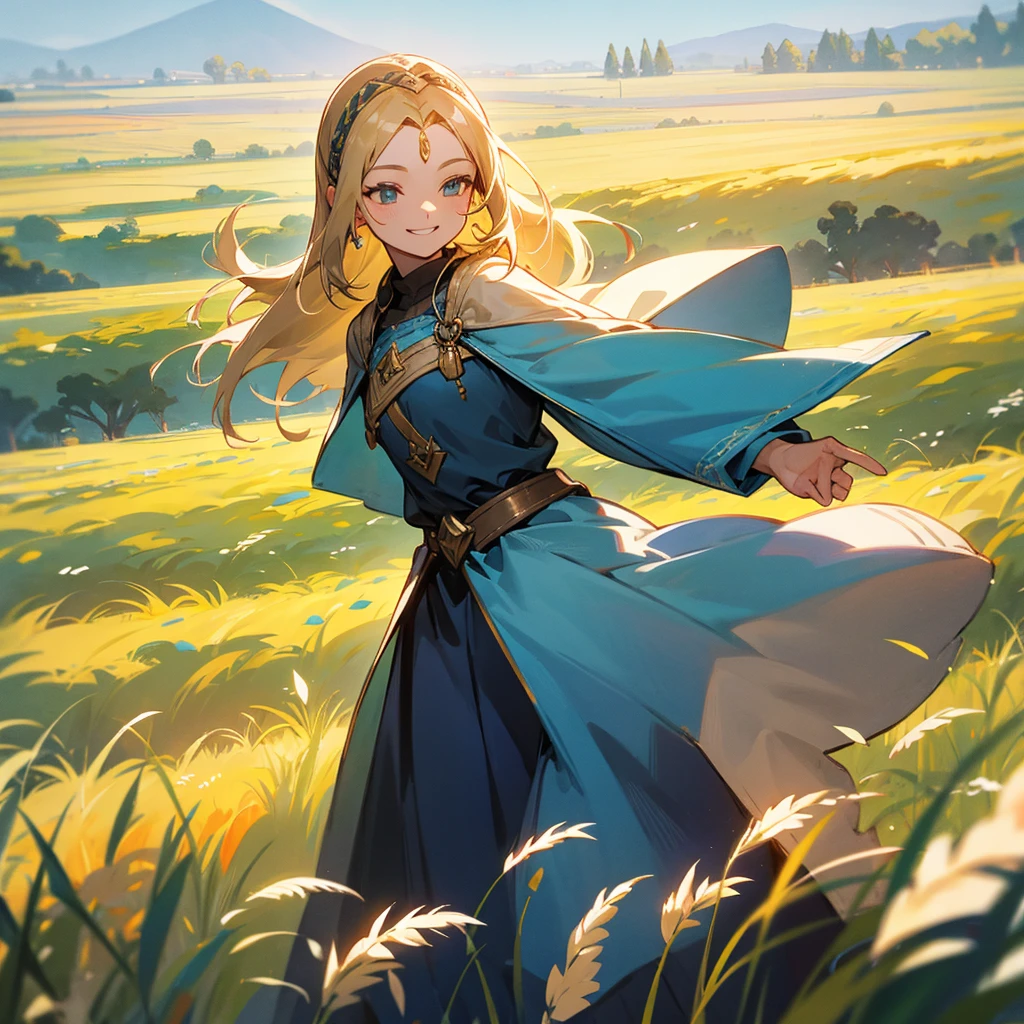 Zelda smiling, in the background a field