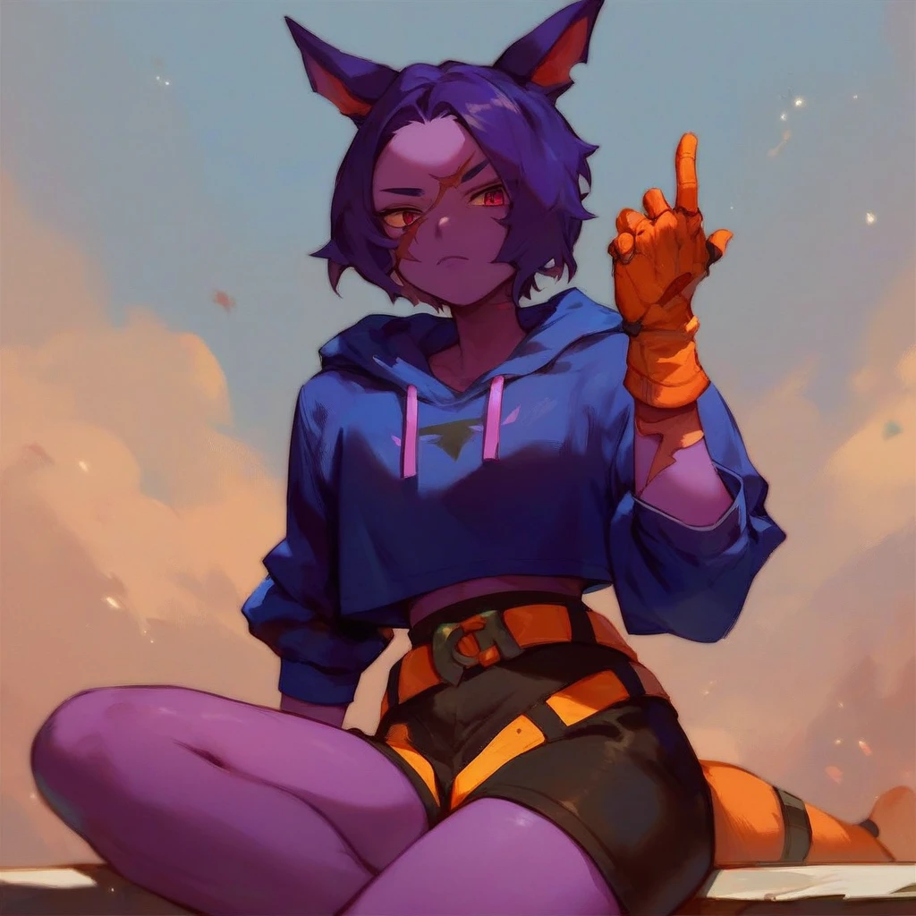 Raven team leader,purple hoodie, with no face, shadowed face, animal ears,purple skin, scar on eye, body skin, purple fur, waist belt, torso symbol, metal gloves, sitting on someone&#39;s face, leaning forward, pushing, she closes her eyes, her with her eyes closed, hands are not in the air, expression of force, clear and blue day