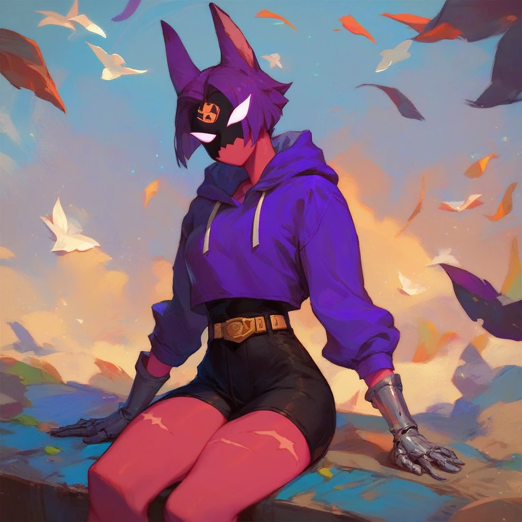 Raven team leader,purple hoodie, with no face, shadowed face, animal ears,purple skin, scar on eye, body skin, purple fur, waist belt, torso symbol, metal gloves, sitting on someone&#39;s face, leaning forward, pushing, she closes her eyes, her with her eyes closed, hands are not in the air, expression of force, clear and blue day