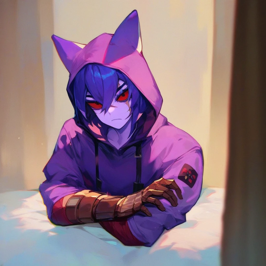 Raven team leader,purple hoodie, with no face, shadowed face, animal ears,purple skin, scar on eye, body skin, purple fur, waist belt, torso symbol, metal gloves, sitting on someone&#39;s face, leaning forward, pushing, she closes her eyes, her with her eyes closed, hands are not in the air, expression of force, clear and blue day