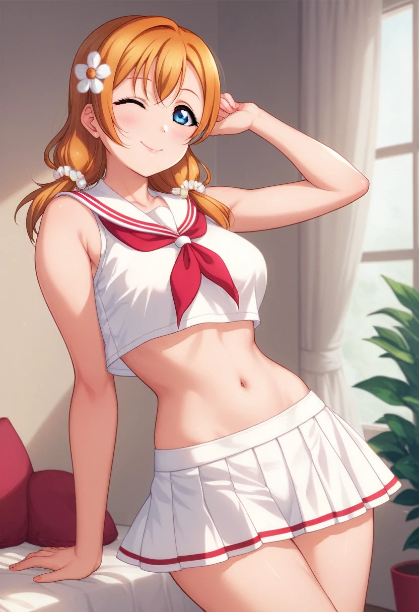 Honoka kousaka love live, cowboy shot, blue eyes, orange hair, micro skirt, tinnies crop top,cap, sweating, cleavage , tinnies stadium ,hand on hip