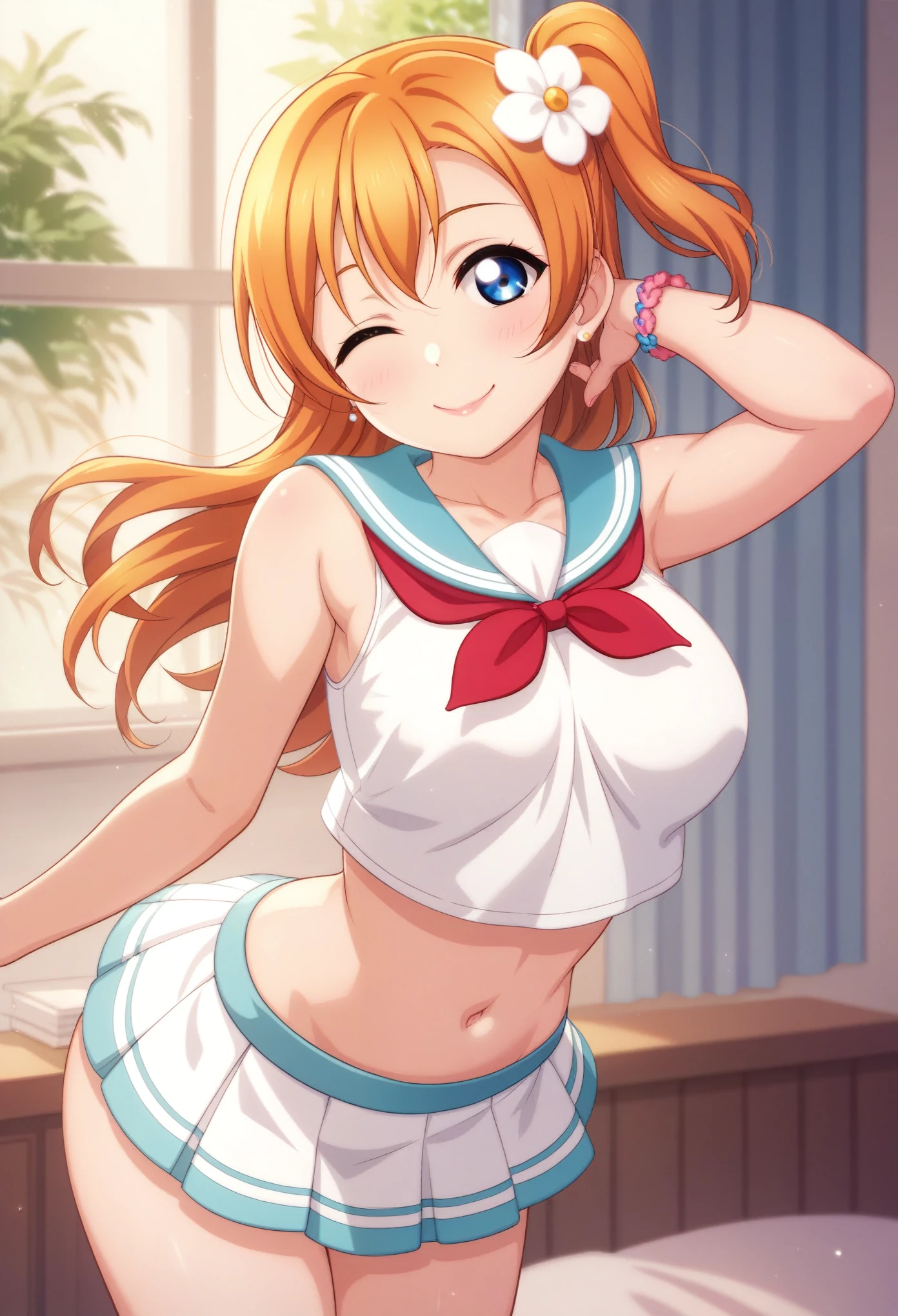 Honoka kousaka love live, cowboy shot, blue eyes, orange hair,hair flower, solo, sailor top, sleeveless, breasts, micro skirt, perfect eyes, Perfect iris，Perfect skin，Soft front light，indoors；（pastel colour:1.2),(lipstick:0.8) ,sexy pose,wink, (slightly bent over:0.8)