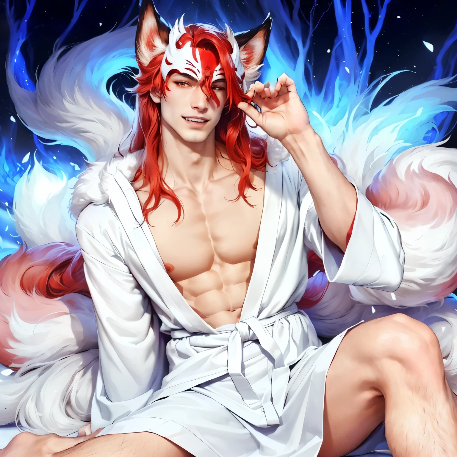 Handsome Kitsune young man, long red hair, fangs, fox ears, fox tails, kitsune mask, long nails, white robe