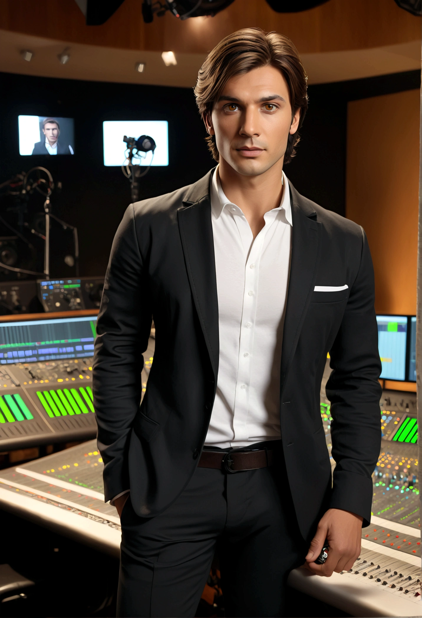Create an extremely realistic 4K resolution image of a male reporter in a recording studio. The reporter must have brown eyes and brown hair, wearing a white t-shirt and a black blazer on top of the t-shirt with a body of normal build. He must be looking directly at the camera. In the background, place a recording studio as if it were a TV
.