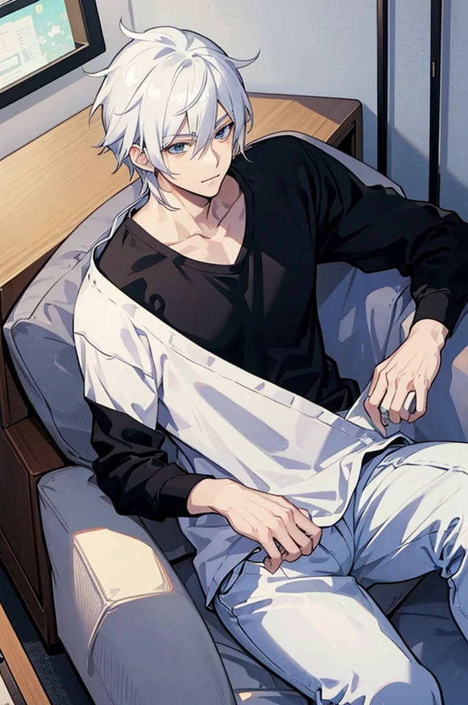 ung man, spread legs, pale skin, sexy pose, open anus, large amount of white viscous liquid, no underwear, a lot of water, penis stands, caresses himself, jerks off, rubs penis, inserts fingers into himself