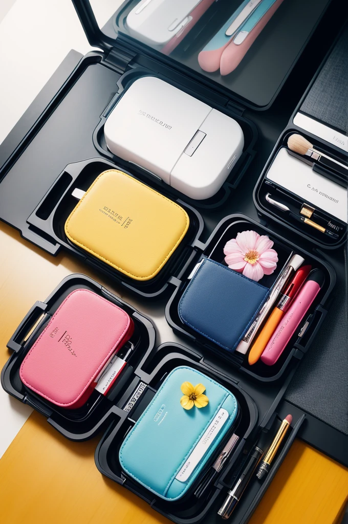 Create an image of a compact and modern makeup case, open on a table. The case must contain three lipstick compartments, base and shadow, each with primary colors (rot, cerulean, yellow). Next to the case, show a smartphone with an app open, displaying a color selection interface and wireless connectivity. Add a usage example where the smartphone camera points to a specific color (For example, a piece of fabric or a flower), and show a visual representation of how the case mixes primary colors to create the desired color. The image must have a futuristic and elegant style, highlighting the technological innovation and customization offered by the product.