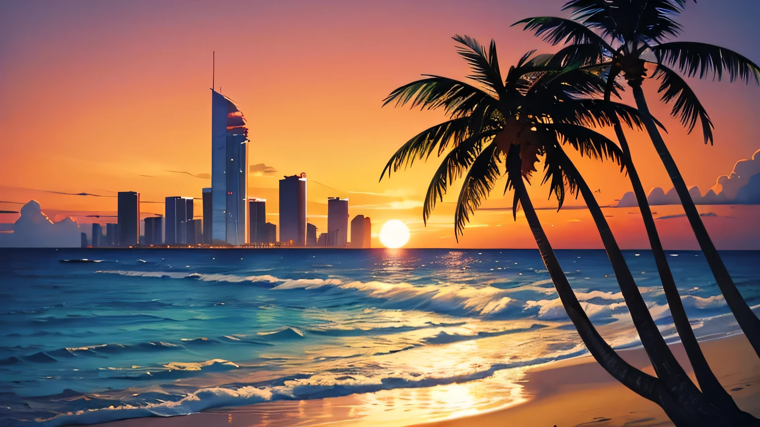 Sunset on the beach with palm trees and a city in the background ...