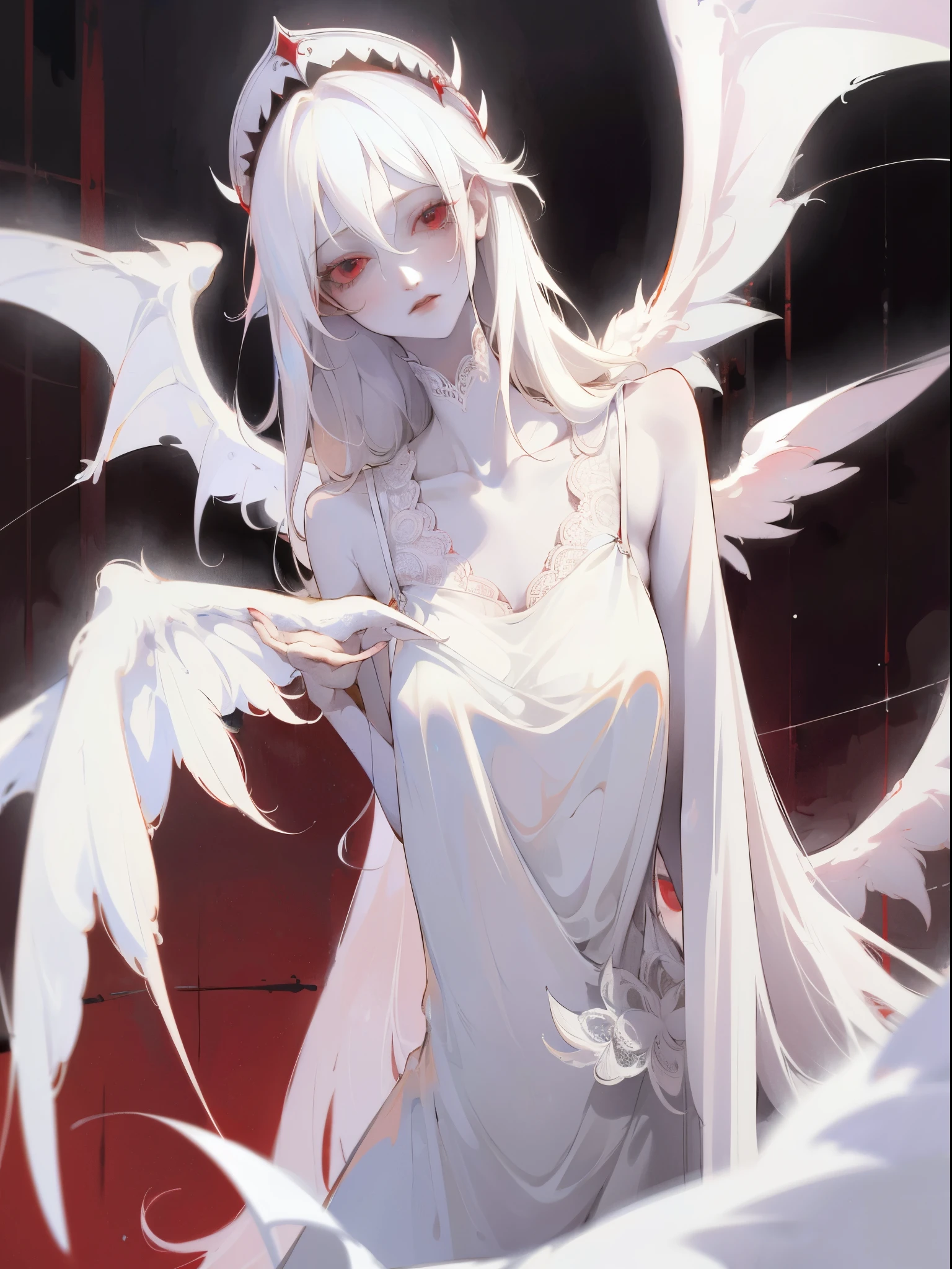 1girl, long white hair, red eyes, wearing white lace sling nightdress, white wings, bedroom, absurdres, high res, ultrasharp, 8K, masterpiece, looking at viewer, albino, pale