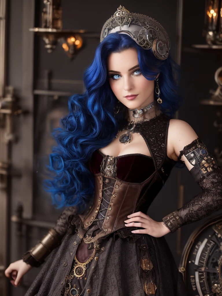 (((Ultra detailed, beautiful face, Megapixel))) Craft a visually striking photo realistic image of a steampunk futuristic Disney princess named Belle. Belle possesses (intense sapphire blue) eyes that exude intelligence and curiosity. Her hair, styled in an intricate updo adorned with mechanical embellishments and gears, boasts a stunning (silver) color that shimmers like polished metal. She wears a steampunk-inspired ensemble, featuring a corseted bodice made of (brown distressed leather) and a multi-layered skirt made of (lace, velvet, and industrial metal mesh) in a palette of (deep burgundy) and (bronze). Intricate clockwork motifs are intricately woven into the fabric, paying homage to the steampunk aesthetic. Her attire is accented with ornate brooches, cameo pendants, and pocket watch accessories. Against a blank black background, Belle's steampunk features take center stage, transporting the viewer into a world of Victorian elegance fused with futuristic innovation. With your camera, a high-resolution mirrorless camera paired with a prime lens, you will capture Belle's steampunk allure and the fusion of classic and futuristic elements in her attire.