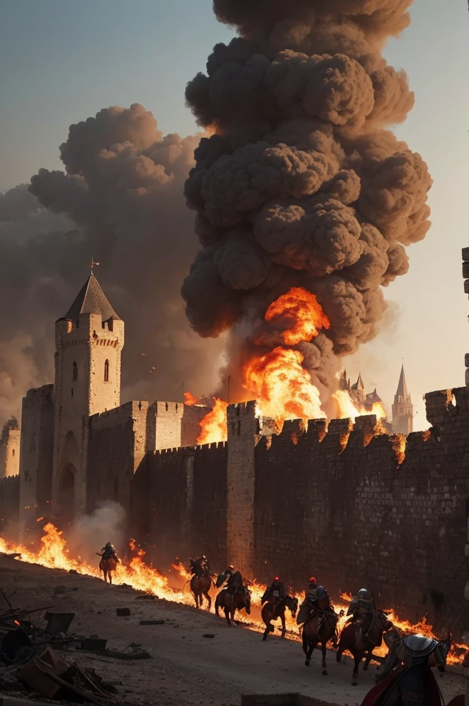 A city that had a wall protecting it in medieval times was burned, very burnt, There are people in medieval times running away, there are knights with red parts on their armor entering the city,destroyed houses, a castle all burnt and broken