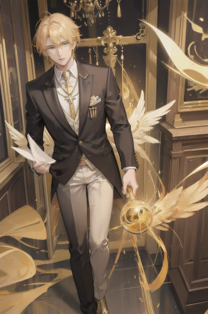 man, with golden hair, Angel wings, He has a necklace with a golden gem, He is handsome, golden eye, yellow aura, with a very nice suit 