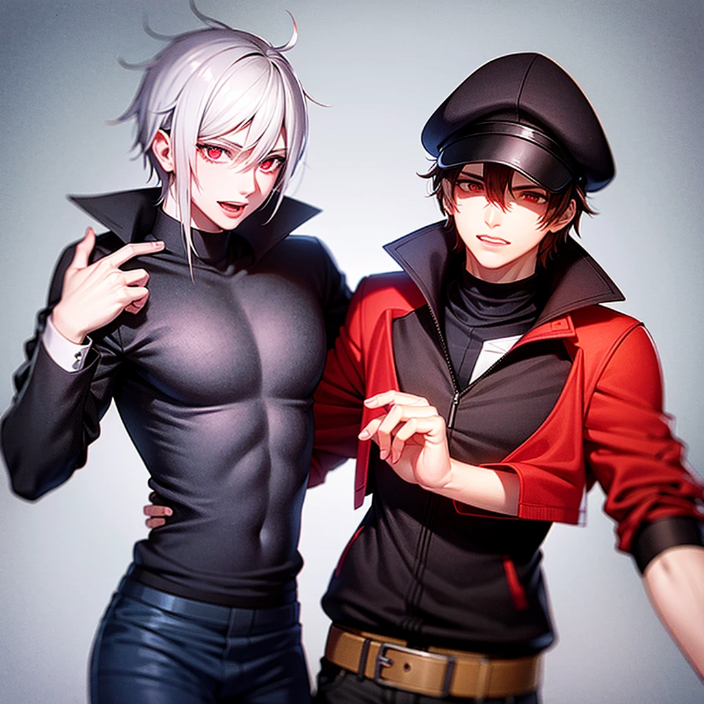 Makes a man with white hair and red eyes wearing a black cap with a black and red coat