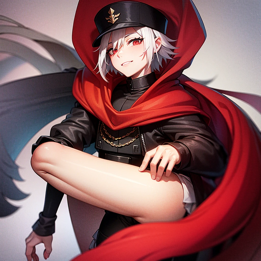 Makes a man with white hair and red eyes wearing a black cap with a black and red coat