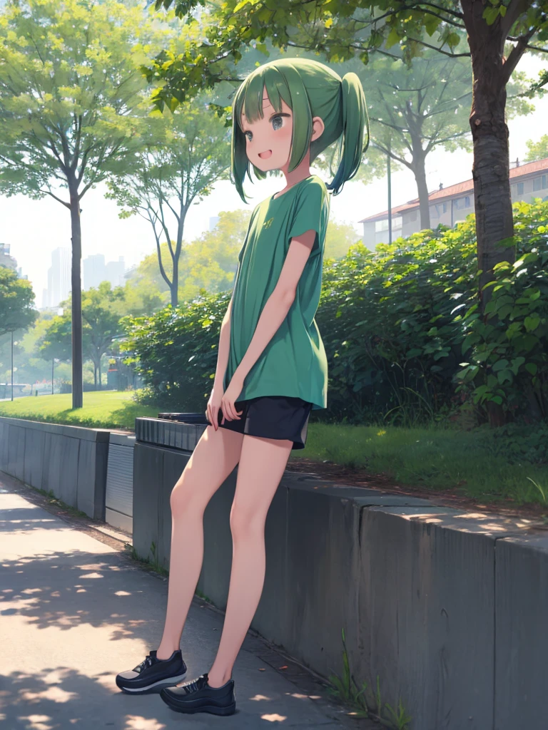 Young Girl、6 、Green Hair、short twin tails in a low position、Short sleeve T-shirt、Shorts、laughing、Playing in the park、fine、Flat Color、Innocence、