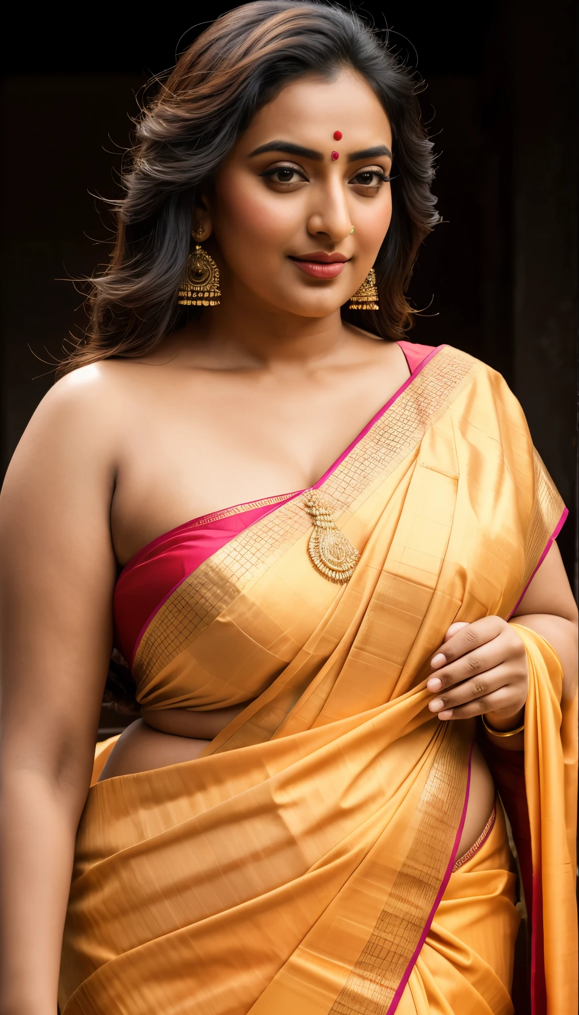 Foto RAW, photorealistic, photography, full body shot, master shot, perfect eyes, goddess like beauty, pierced eyes, perfect thick chubby mallu Desi aunty bhabhi, Wearing a Stanapatta, a chest-band.Saree model, model Photography, Indian saree shoot, Indian traditional wear advertising photography, traditional wear brand shoot, face of Indian actress Sonakshi Sinha, masterpiece, realistic, realism, incredible details,  pleasure, photorealism, detailed skin, skin pores, high contrast, photorealistic Artstation 8k HD digital art trend of high definition and detailed realistic skin texture, ultra detail, realistic skin texture, armature, best quality, ultra high definition, (photorealistic:1.4),, high resolution, detail, raw photo, sweat, Re sharp, by Lee Jefferies Nikon D850 Film Stock Photo 4 Kodak Portra 400 Camera F1.6 Lens Rich Color Ultra Real Realistic Realistic Textures Dramatic Lighting Unreal Engine Trending at Art Station Cinestill 800,(pele altamente detalhada: 1.2), 8k UHD, DSLR, soft-lighting, alta qualidade, grain of film, Fujifilm XT3,she didn't like to wear blouse or bra, she is happy to wear only saree, she hates blouse or bra, detailed hairy armpits, hyper realistic skin, skin pores, sweat, veins, 