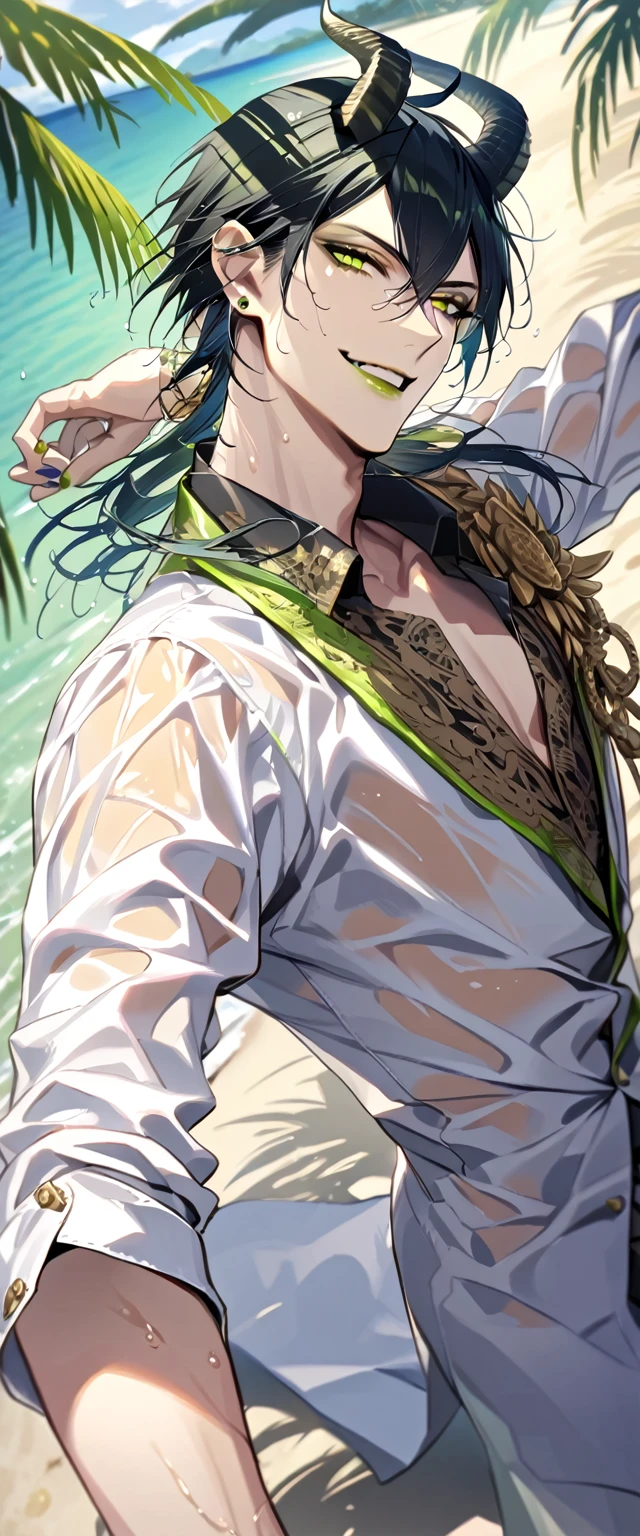 ((masterpiece:1.4, best quality)), (Ultra detailed background), 1boy, handsome man, highly detailed beautiful face and eyes, white hair, beautiful eyes, (sharp detail:1.3), shiny, earrings, bracelet, (wet clothes:1.3), Shirts, Bari, Cebu Island, plumeria, near the beach, stretch,lie on one's back, dynamic angle, malleus draconia (twisted wonderland) horns, bishounen, boy, male, yana Toboso style, long hair, black hair, yellow green eyes, smile, gray lips, handsome, skinny, tall, yellow green glow,
