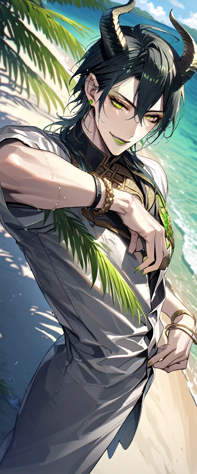 ((masterpiece:1.4, best quality)), (Ultra detailed background), 1boy, handsome man, highly detailed beautiful face and eyes, white hair, beautiful eyes, (sharp detail:1.3), shiny, earrings, bracelet, (wet clothes:1.3), Shirts, Bari, Cebu Island, plumeria, near the beach, stretch,lie on one's back, dynamic angle, malleus draconia (twisted wonderland) horns, bishounen, boy, male, yana Toboso style, long hair, black hair, yellow green eyes, smile, gray lips, handsome, skinny, tall, yellow green glow,