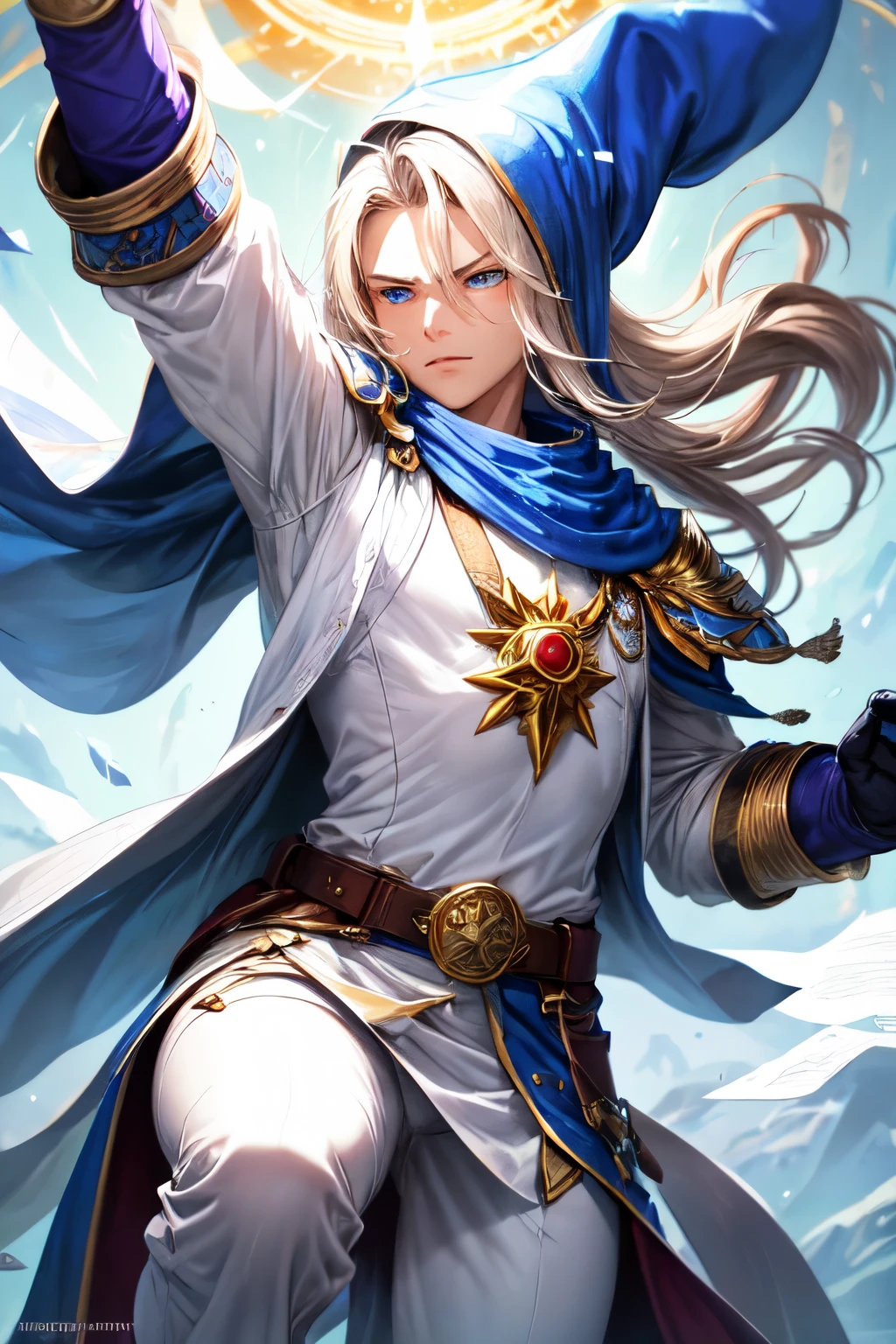 a wizard as if he were a hero,  do him in an empowered pose, a very powerful wizard, and white clothes and a good face, It&#39;s a magician of light, show the character&#39;s entire body  