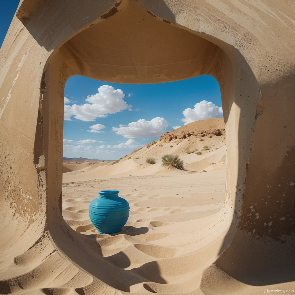 Desert with blue sky and clouds, In the sand there is a cloth covering a reconstructed clay vase 