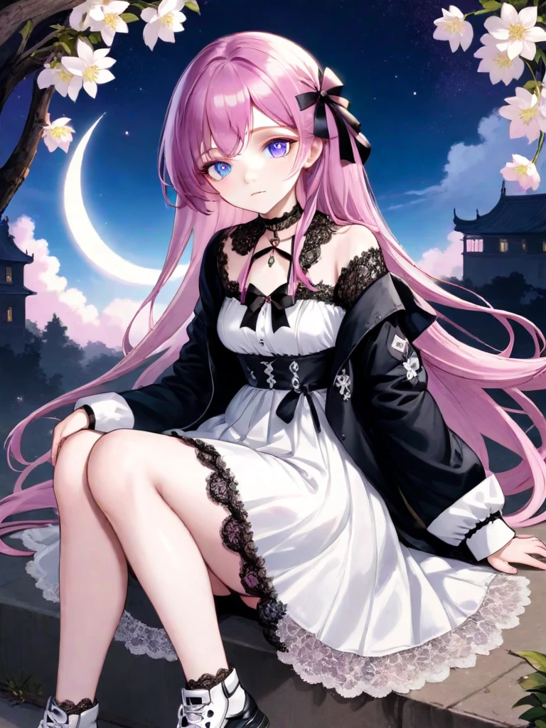 ((Best quality)), ((masterpiece)), (detailed), ((perfect face)), One Girl、Pink long hair、White flowers in her hair、blue eyes、A white dress with black lace、large pink ribbon on the chest、solo, looking at viewer, shirt, long sleeves, 1boy, purple hair, full body, jacket, purple eyes, sitting, male focus, shoes, choker, pants, sneakers, planetflower, sky, cloud, no humans, night, bird, border, moon, plant, white flower, star (sky), scenery, crescent moon