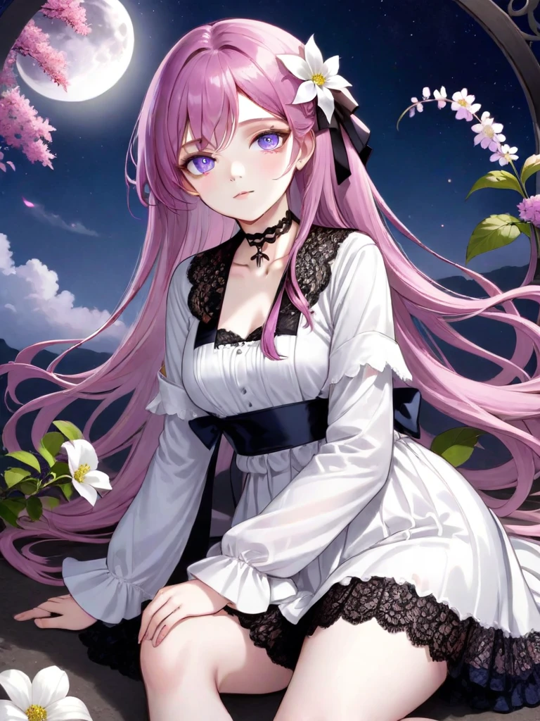 ((Best quality)), ((masterpiece)), (detailed), ((perfect face)), One Girl、Pink long hair、White flowers in her hair、blue eyes、A white dress with black lace、large pink ribbon on the chest、solo, looking at viewer, shirt, long sleeves, 1boy, purple hair, full body, jacket, purple eyes, sitting, male focus, shoes, choker, pants, sneakers, planetflower, sky, cloud, no humans, night, bird, border, moon, plant, white flower, star (sky), scenery, crescent moon