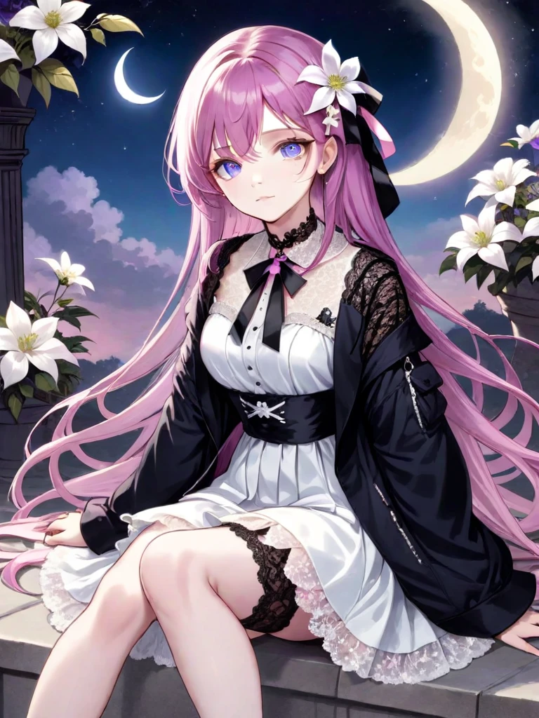 ((Best quality)), ((masterpiece)), (detailed), ((perfect face)), One Girl、Pink long hair、White flowers in her hair、blue eyes、A white dress with black lace、large pink ribbon on the chest、solo, looking at viewer, shirt, long sleeves, 1boy, purple hair, full body, jacket, purple eyes, sitting, male focus, shoes, choker, pants, sneakers, planetflower, sky, cloud, no humans, night, bird, border, moon, plant, white flower, star (sky), scenery, crescent moon