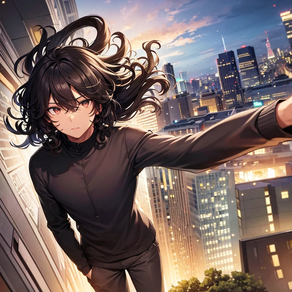 Black male character, black curly hair, eyes browns, in the background a city
