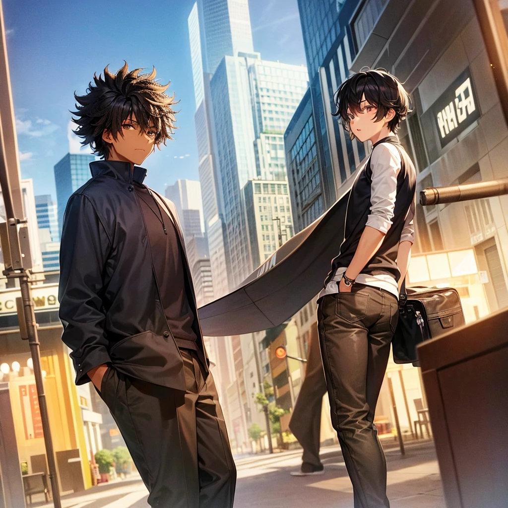 Black male character, black curly hair, eyes browns, in the background a city