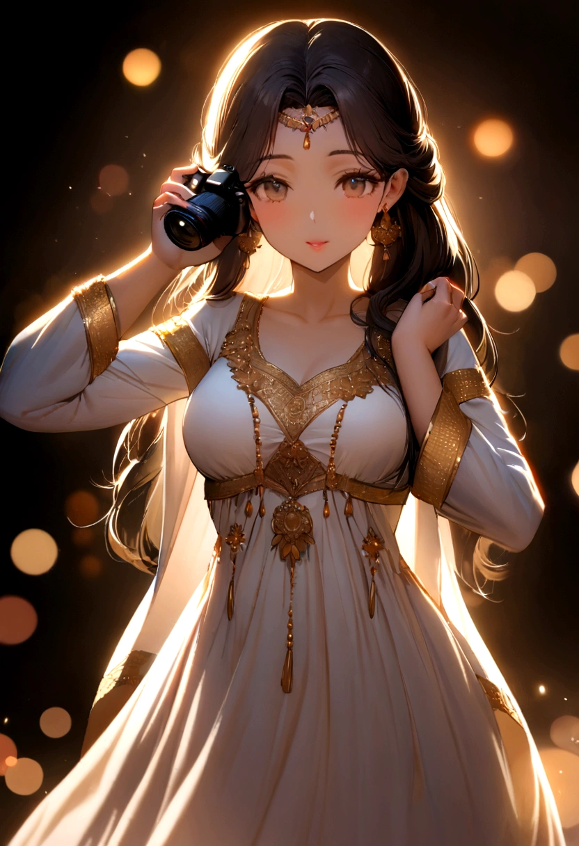 An Indian girl dressed in a Shalwar, an ethereal beauty, attractive feminine form, lovely figure, posing like a professional model, flirty facial expressions, amazingly beautiful, ultra high definition clarity, background bokeh, DSLR shot with a prime lens, romantic lighting