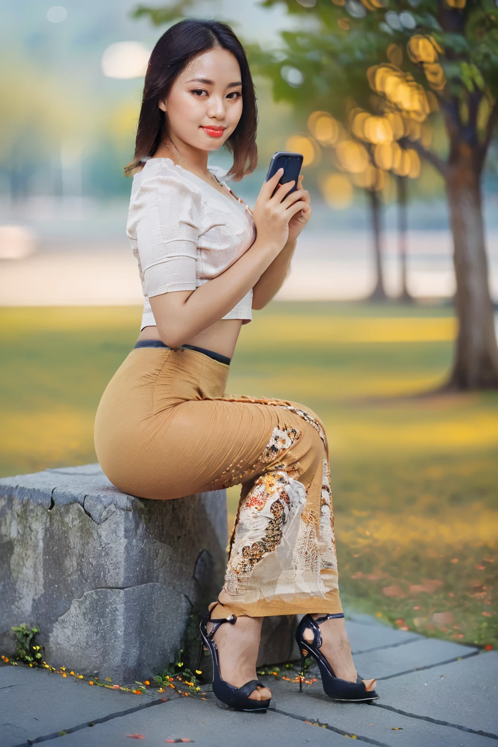 arafed asian woman in a satin dress, (((full body view:2))), ((pretty lady MoonLay:1.2)), (pretty lady MoonLay), ((((pretty lady MoonLay's blushing sweet face and cute smile:1.3)))), ((stylish seductive sitting pose with smartphone for photography:1.5)), ((wearing Myanmar traditional elegant and stylish affair:1.2)), ((((slim and very voluptuous body figure)))), ((white top dress:1.5)), ((((red satin skirt:1.6)))), ((blue sandal high heel)), south east asian with square face, traditional beauty, beautiful asian girl, anime thai girl, a young beautiful asian woman, (((photorealistic background))), ((in a beautiful park with vibrant colorful trees background:1.5)), ((cinematic star shaped bokeh background blur:1.7)), (((photorealistic cloudy evening sky with golden sunlight15))), (cinematic enhance HDR portrait glow lighting))), perfect anatomy, cannon mark v, DSLR quality, (perfect anatomy), (perfect toes), (perfect hands), (realistic smartphone), perfect hands,