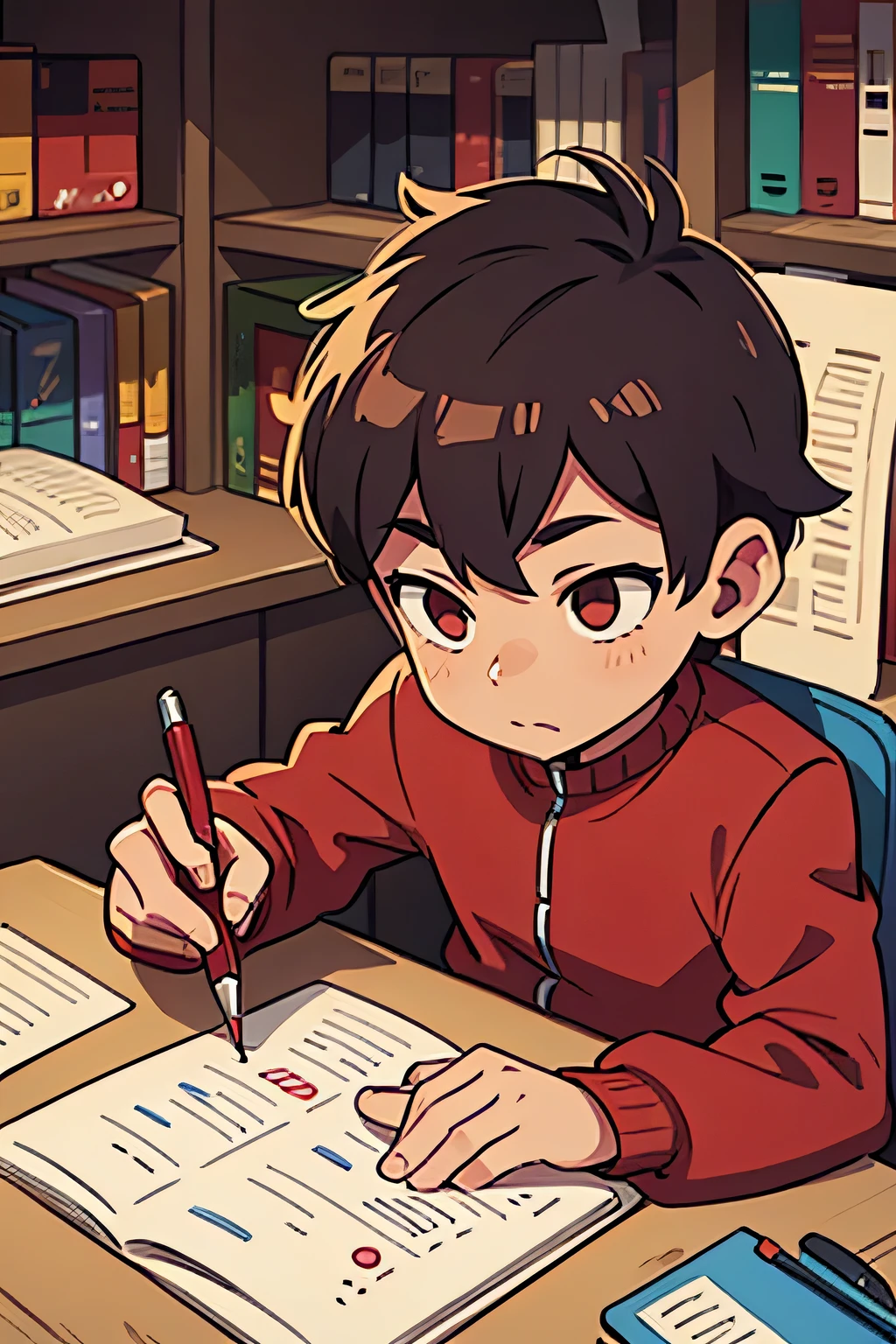 boy studying with a red pen and having a brilliant idea