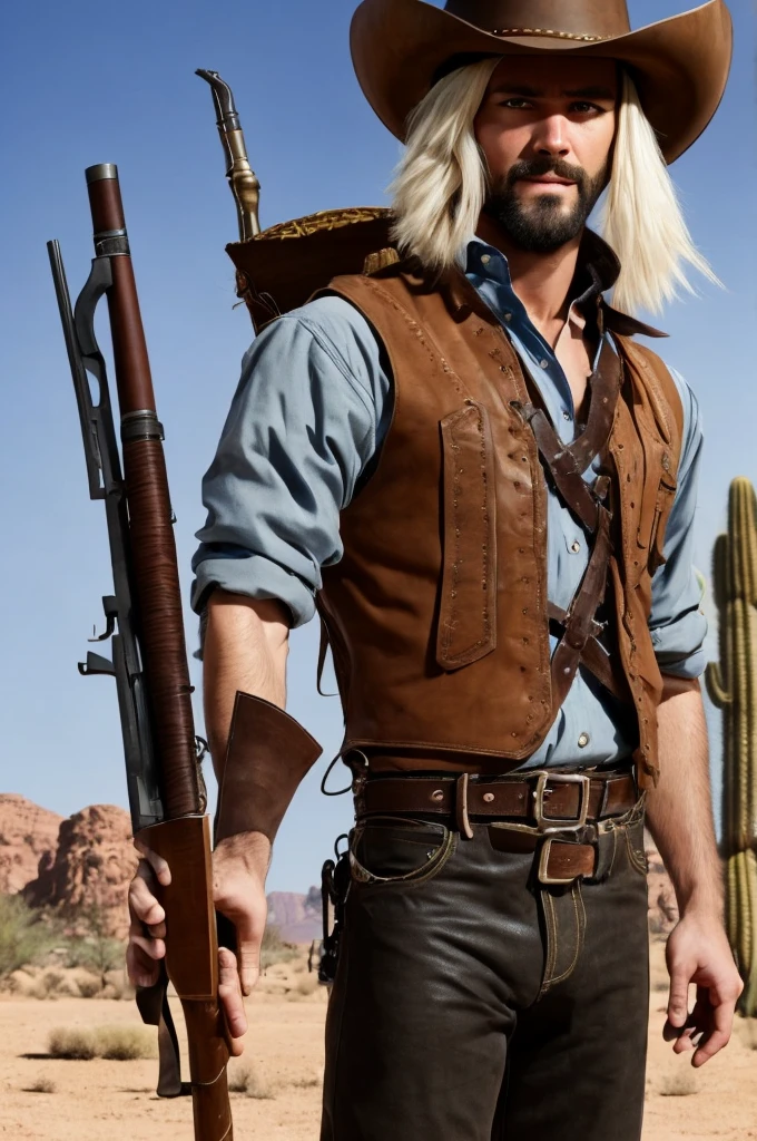A male Tiefling Artificer named Moxie, aged 23, standing in a desert environment. He has red skin, medium-length white hair slicked back, and yellow eyes with black pupils. His horns are bent backward, and he has a metal artificial hand. Moxie is dressed in a dusty cowboy outfit, including a white shirt, brown vest, leather duster, and a brown cowboy hat. He holds a self-made hunting rifle with both hands and has a bunch of grenades attached to his belt and a bag of holding. He has a gentle but serious expression on his face