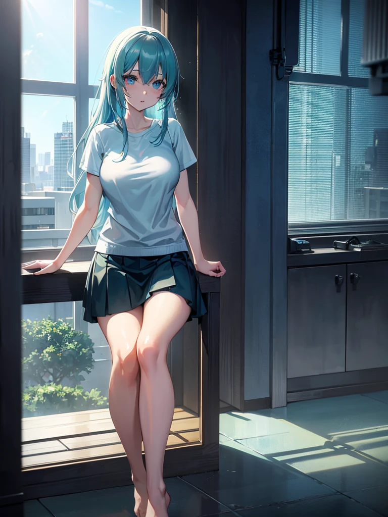 1girl, anime girl, very very anime, gray hair with light blue gradient, beautiful emerald green eyes, t-shirt, short skirt, sitting on floor in gaming room, natural daylight from window, (best quality,4k,8k,highres,masterpiece:1.2), intricate details,highly detailed,extremely detailed,award winning, digital art, cinematic lighting, volumetric lighting, vibrant colors, dynamic composition, anime studio art, city scapes background