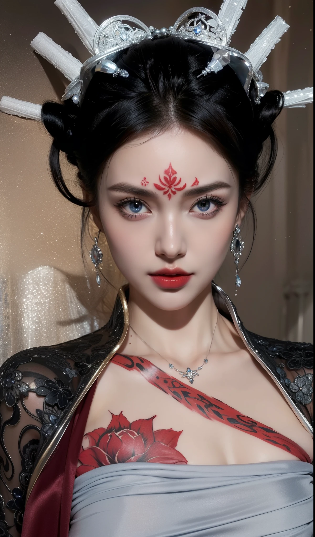 Royal sisters,Exquisite eyes,Frozen queen,Put the crown on your head,Detailed facial expressions body,tall and big,Glamorous characters,Leg length,4K,HD,The look,White translucent lace,白皙Full figure,Little cherry mouth,Beautiful and lovely,Full figure,Glossy Gel Coat,Vampire Queen in luxurious gown,Have a tattoo(Intricate tattoo designs),The tattoo is very three-dimensional,Ice Princess,Rich facial details,Eyes are blue(Pupils as deep as the starry sky),Gorgeous silk(Silky reflective),Wear dark red lipstick,Scar,Wound