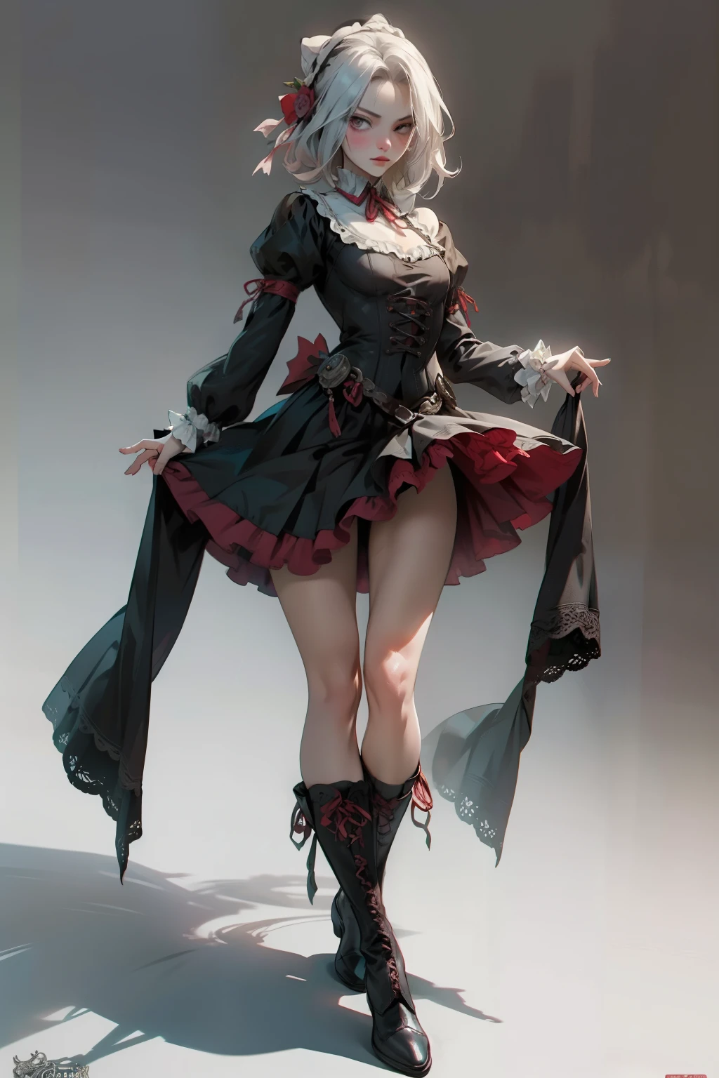 ((best quality)), ((masterpiece)), (detailed), blank white background, plain background, white background, red and white clothing, Bloodborne inspired, occult aesthetic, occult, detailed and intricate steampunk and detailed gothic, NSFW, Very dramatic and cinematic lighting, cosmic horror, grim-dark, side-lighting, perfect face, NSFW, Fluttering lace flared long knee length dress with frilly petticoats, knee length dress, pleated petticoats, lolita dress, petticoats gothic lolita, complex lace boots, side-lighting, gothic lolita aesthetic, wielding a mighty sword with mechanical components, carbine, NSFW, beautiful small breasts, small breasts, full body, whole body, body, plain background, white background, blank background, no background, white background NSFW, full body, whole body, head-to-toe NSFW