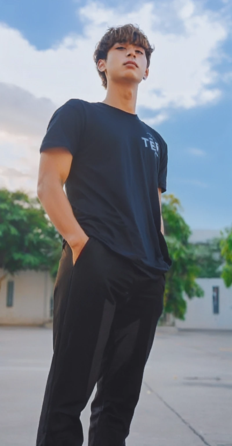 arafed man standing on a skateboard in a parking lot, wearing pants and a t-shirt, he is wearing a black t-shirt, wearing black tshirt, wearing a black tshirt, wearing a black t-shirt, full body picture, profile pic, with a cool pose, wearing a t-shirt, distant full body view, smooth in _ the background
