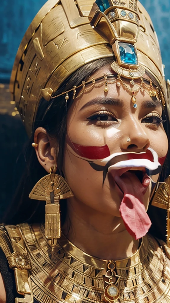 An image of a woman wearing ancient Egyptian clothing, with a crown on her head, sitting with a facial expression that looks like she is sticking out her tongue. Show her long flowing hair, piercing eyes and slightly parted lips. Give details on the clothes and accessories used, such as necklaces, bracelets and earrings. Provide a background featuring elements from the ancient Egyptian era to add a historical feel to the image.